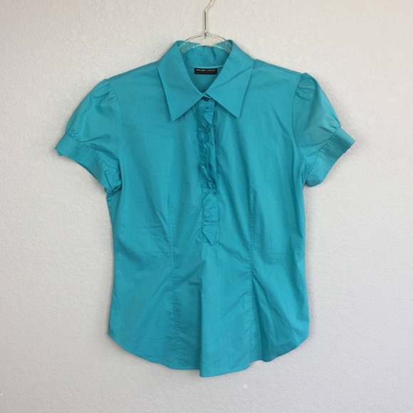 NEW YORK & CO Turquoise Ruffle Button Down Size M - Picture 1 of 6